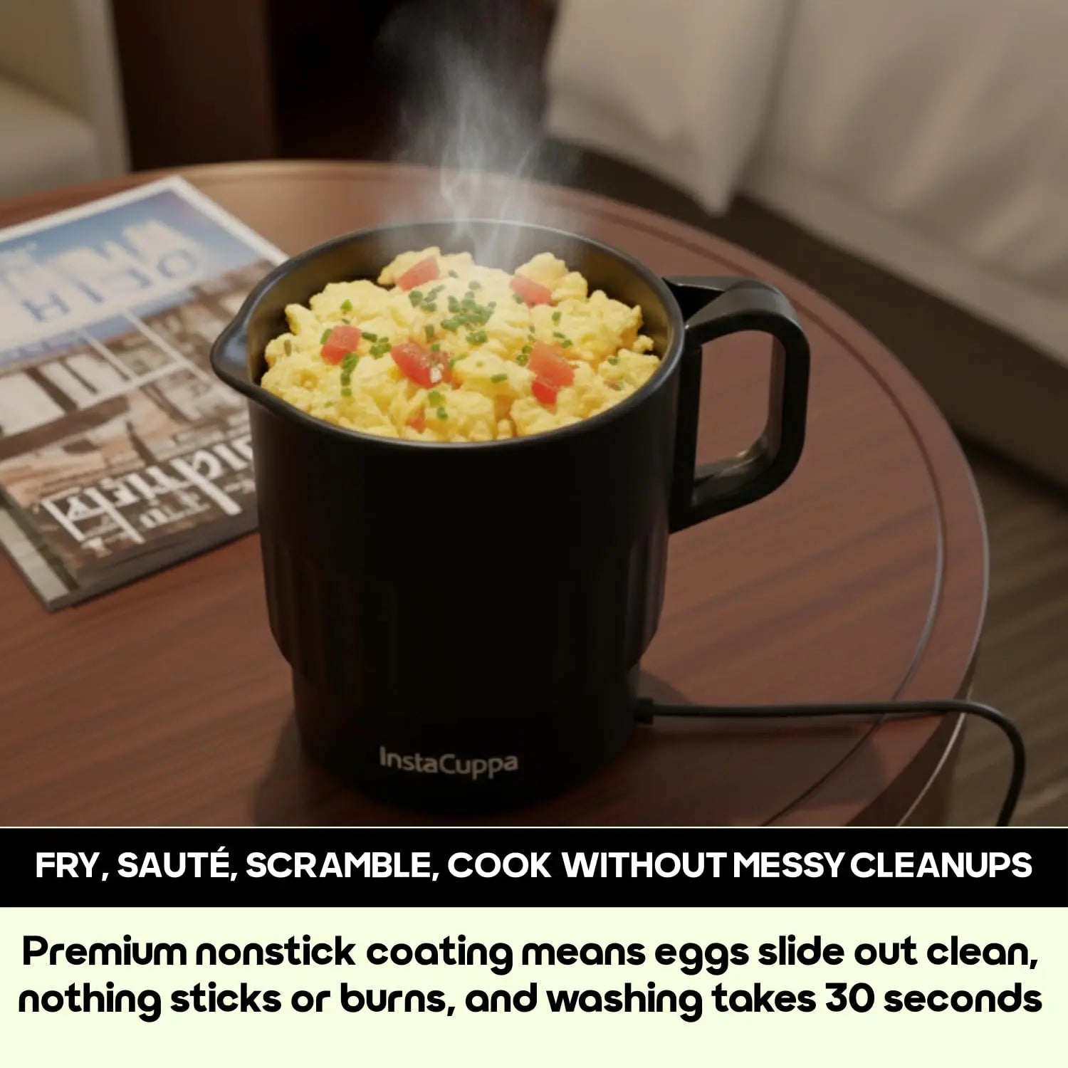 InstaCuppa Portable Multicook Kettle 1000ml | Non-Stick Version - Fry Eggs, Cook & Boil Without Sticking | Keep Warm, Auto Shut-Off & Easy To Clean | Free Egg Tray Included |  Foldable Design - Perfect For Busy Moms Who Travel 