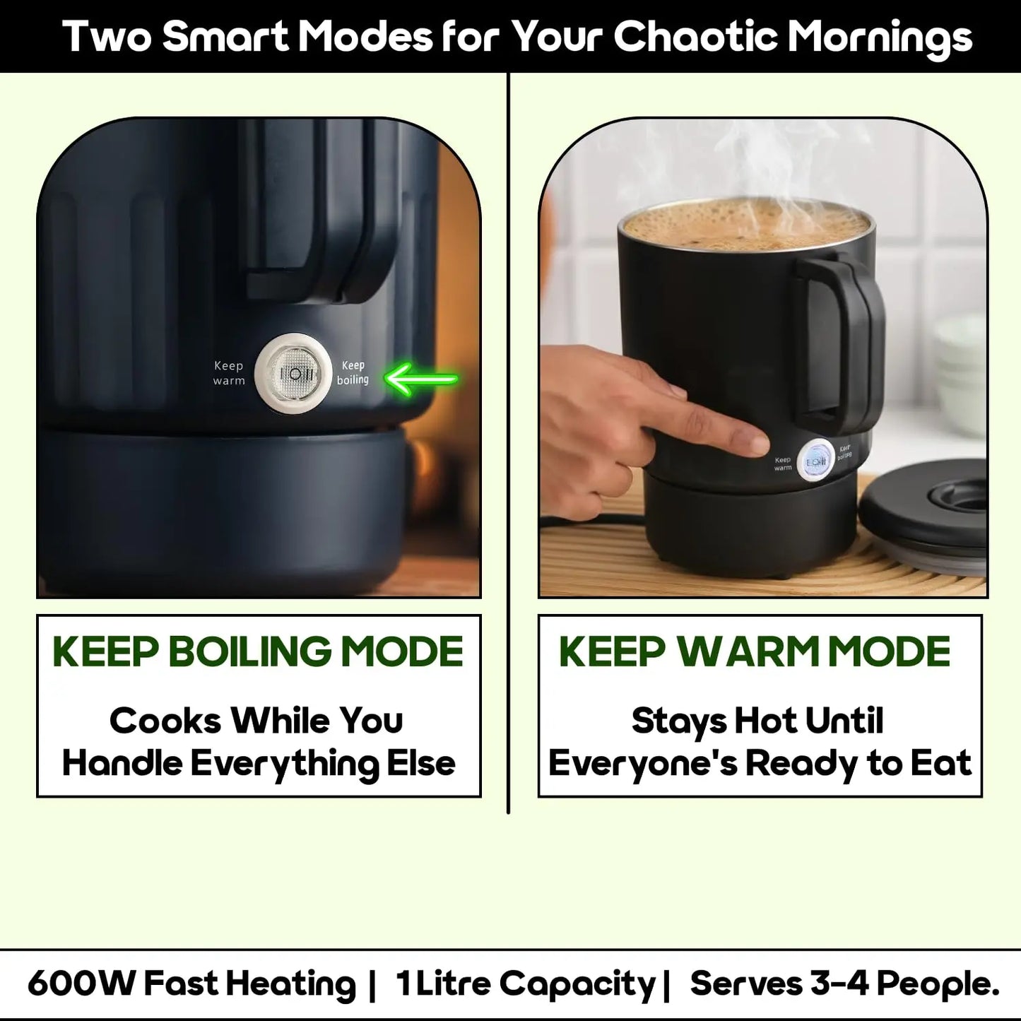 InstaCuppa Portable Multicook Kettle 1000ml | Non-Stick Version - Fry Eggs, Cook & Boil Without Sticking | Keep Warm, Auto Shut-Off & Easy To Clean | Free Egg Tray Included |  Foldable Design - Perfect For Busy Moms Who Travel 