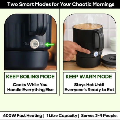 InstaCuppa Portable Multicook Kettle 1000ml | Non-Stick Version - Fry Eggs, Cook & Boil Without Sticking | Keep Warm, Auto Shut-Off & Easy To Clean | Free Egg Tray Included |  Foldable Design - Perfect For Busy Moms Who Travel 