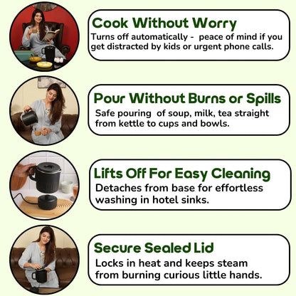 InstaCuppa Portable Multicook Kettle 1000ml | Non-Stick Version - Fry Eggs, Cook & Boil Without Sticking | Keep Warm, Auto Shut-Off & Easy To Clean | Free Egg Tray Included |  Foldable Design - Perfect For Busy Moms Who Travel 