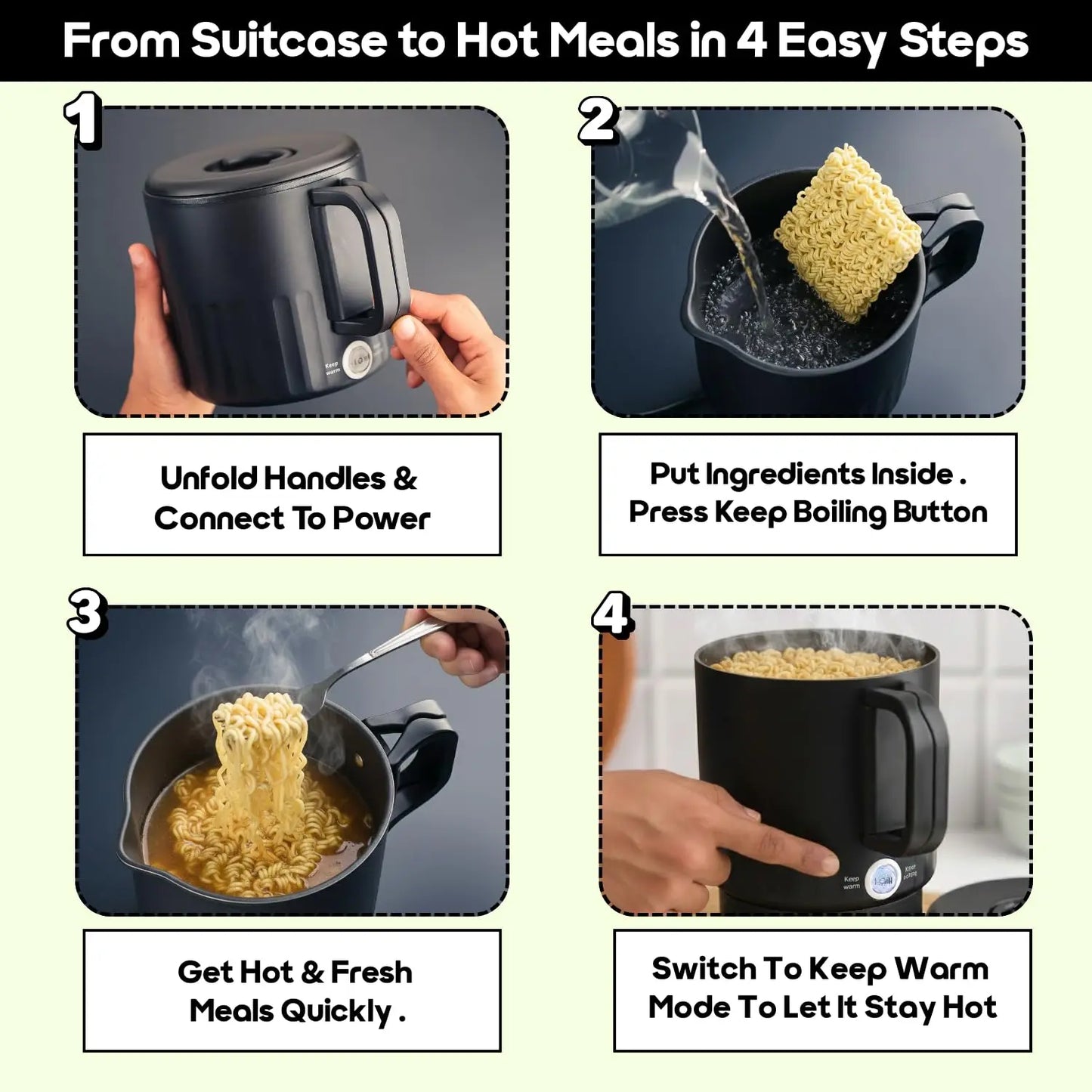 InstaCuppa Portable Multicook Kettle 1000ml | Non-Stick Version - Fry Eggs, Cook & Boil Without Sticking | Keep Warm, Auto Shut-Off & Easy To Clean | Free Egg Tray Included |  Foldable Design - Perfect For Busy Moms Who Travel 