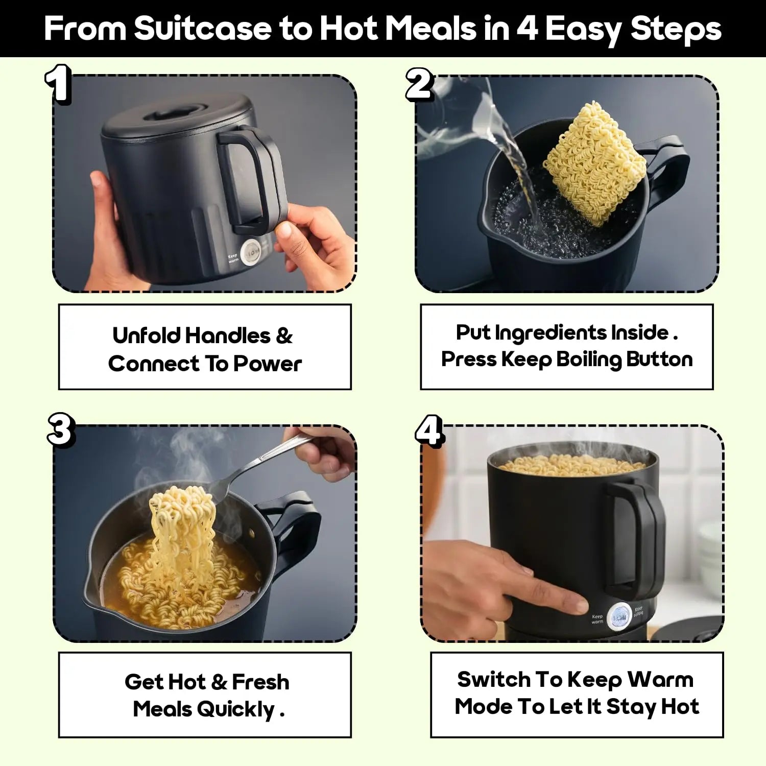 InstaCuppa Portable Multicook Kettle 1000ml | Non-Stick Version - Fry Eggs, Cook & Boil Without Sticking | Keep Warm, Auto Shut-Off & Easy To Clean | Free Egg Tray Included |  Foldable Design - Perfect For Busy Moms Who Travel 