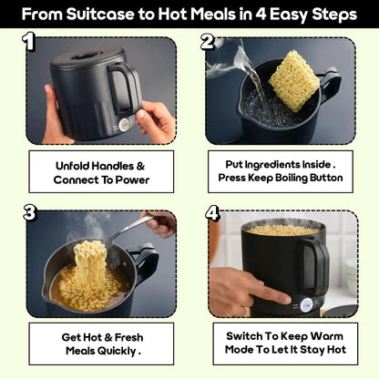 InstaCuppa Portable Multicook Kettle 1000ml | Non-Stick Version - Fry Eggs, Cook & Boil Without Sticking | Keep Warm, Auto Shut-Off & Easy To Clean | Free Egg Tray Included |  Foldable Design - Perfect For Busy Moms Who Travel 