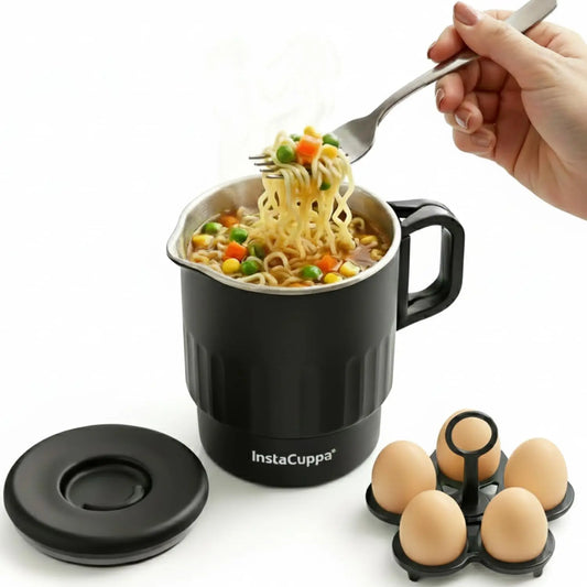 InstaCuppa Portable Multicook Kettle 1000ml | Stainless Steel Version - Boil, Cook & Steam Without Chemicals | Keep Warm, Auto Shut-Off & Scratch-Resistant | Free Egg Tray Included | Foldable Design - Perfect For Busy Moms Who Travel 