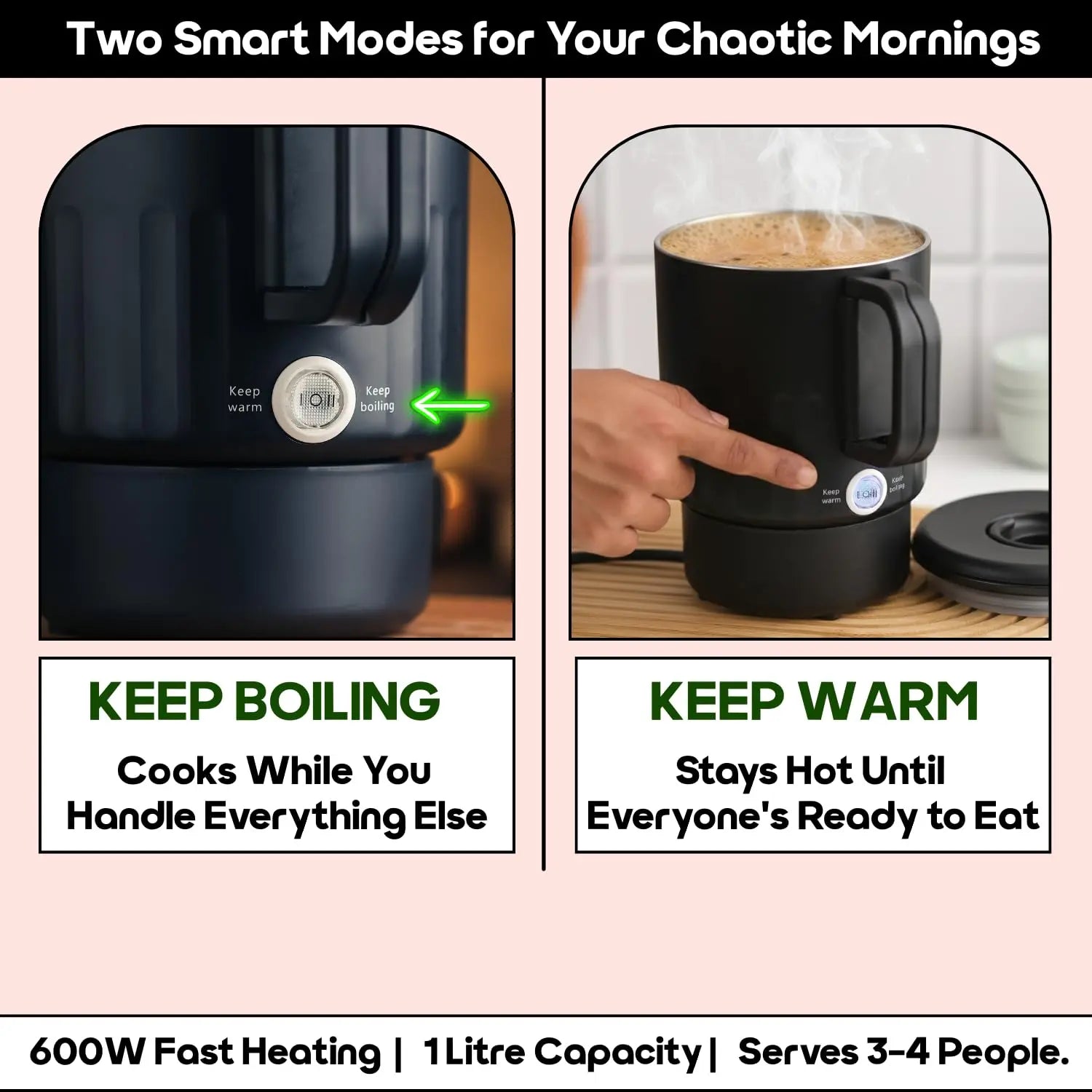 InstaCuppa Portable Multicook Kettle 1000ml | Stainless Steel Version - Boil, Cook & Steam Without Chemicals | Keep Warm, Auto Shut-Off & Scratch-Resistant | Free Egg Tray Included | Foldable Design - Perfect For Busy Moms Who Travel 