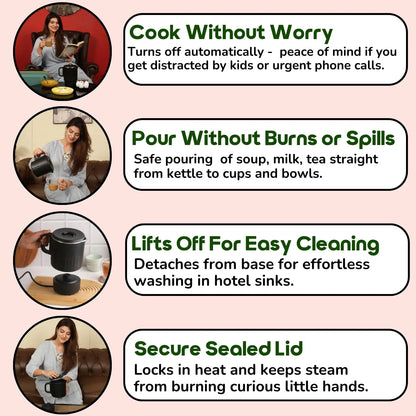 InstaCuppa Portable Multicook Kettle 1000ml | Stainless Steel Version - Boil, Cook & Steam Without Chemicals | Keep Warm, Auto Shut-Off & Scratch-Resistant | Free Egg Tray Included | Foldable Design - Perfect For Busy Moms Who Travel 