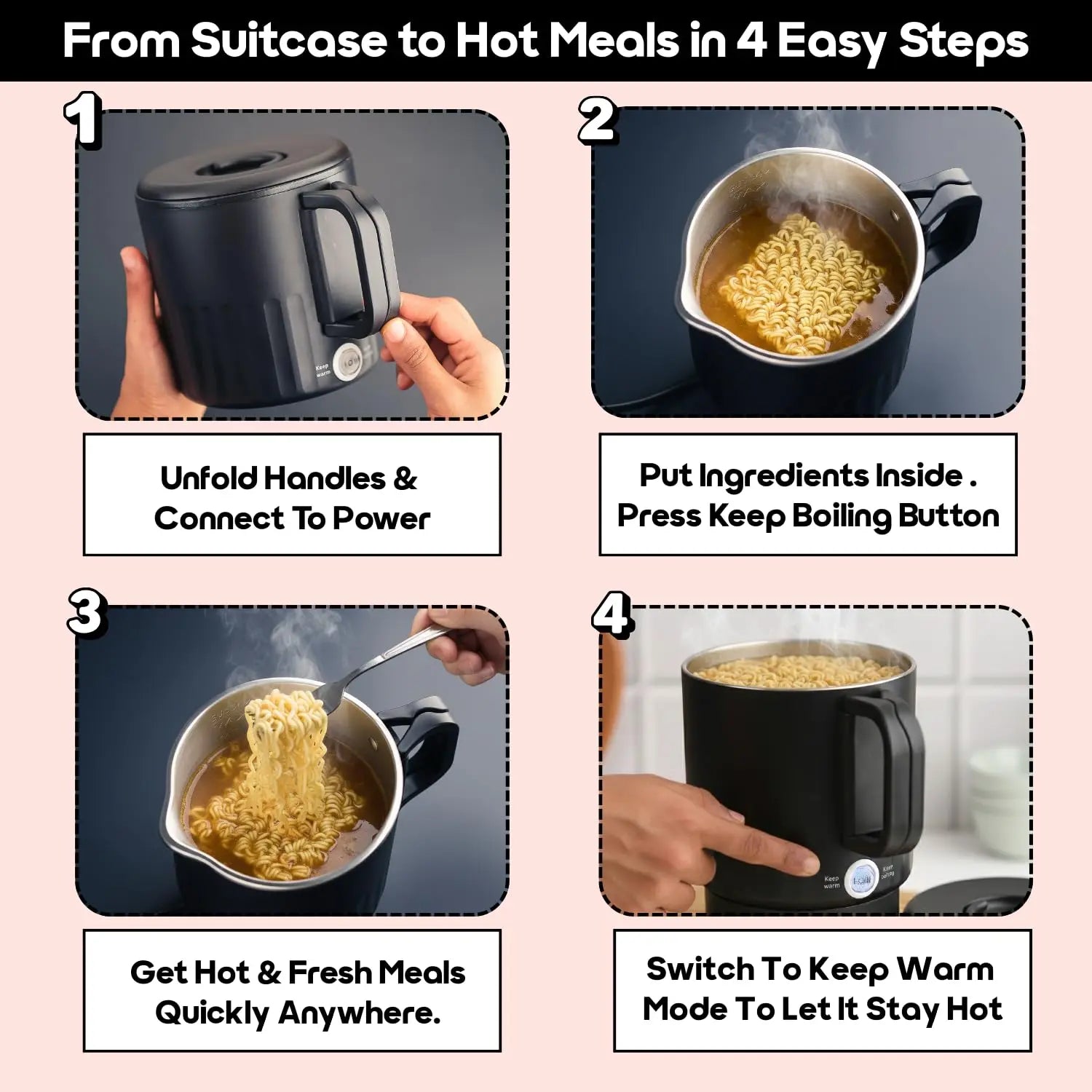 InstaCuppa Portable Multicook Kettle 1000ml | Stainless Steel Version - Boil, Cook & Steam Without Chemicals | Keep Warm, Auto Shut-Off & Scratch-Resistant | Free Egg Tray Included | Foldable Design - Perfect For Busy Moms Who Travel 