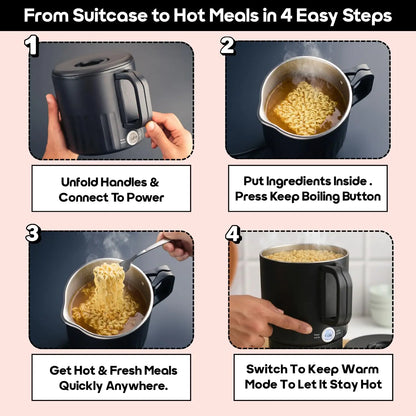 InstaCuppa Portable Multicook Kettle 1000ml | Stainless Steel Version - Boil, Cook & Steam Without Chemicals | Keep Warm, Auto Shut-Off & Scratch-Resistant | Free Egg Tray Included | Foldable Design - Perfect For Busy Moms Who Travel 