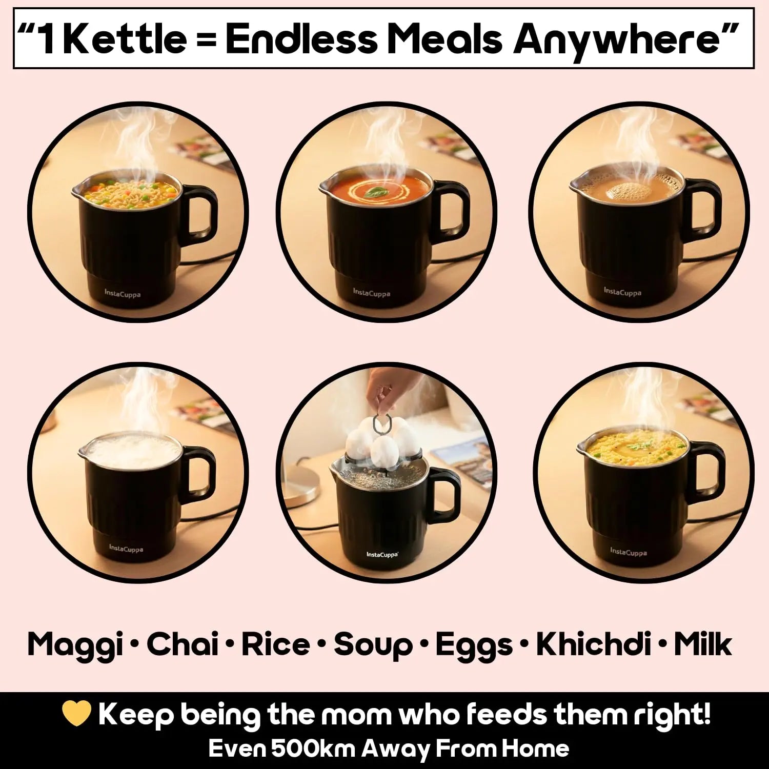 InstaCuppa Portable Multicook Kettle 1000ml | Stainless Steel Version - Boil, Cook & Steam Without Chemicals | Keep Warm, Auto Shut-Off & Scratch-Resistant | Free Egg Tray Included | Foldable Design - Perfect For Busy Moms Who Travel 