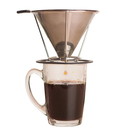 InstaCuppa Pour Over Coffee Dripper Stainless Steel Slow Drip Coffee Filter Metal Cone Paperless Reusable Single Coffee Maker 1-2 Cup Drip Brew Coffee with Double Mesh Liner 