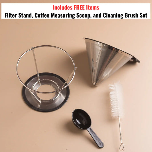 InstaCuppa Pour Over Coffee Dripper Stainless Steel Slow Drip Coffee Filter Metal Cone Paperless Reusable Single Coffee Maker 1-2 Cup Drip Brew Coffee with Double Mesh Liner 