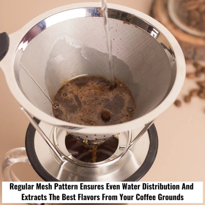 InstaCuppa Pour Over Coffee Dripper Stainless Steel Slow Drip Coffee Filter Metal Cone Paperless Reusable Single Coffee Maker 1-2 Cup Drip Brew Coffee with Double Mesh Liner 