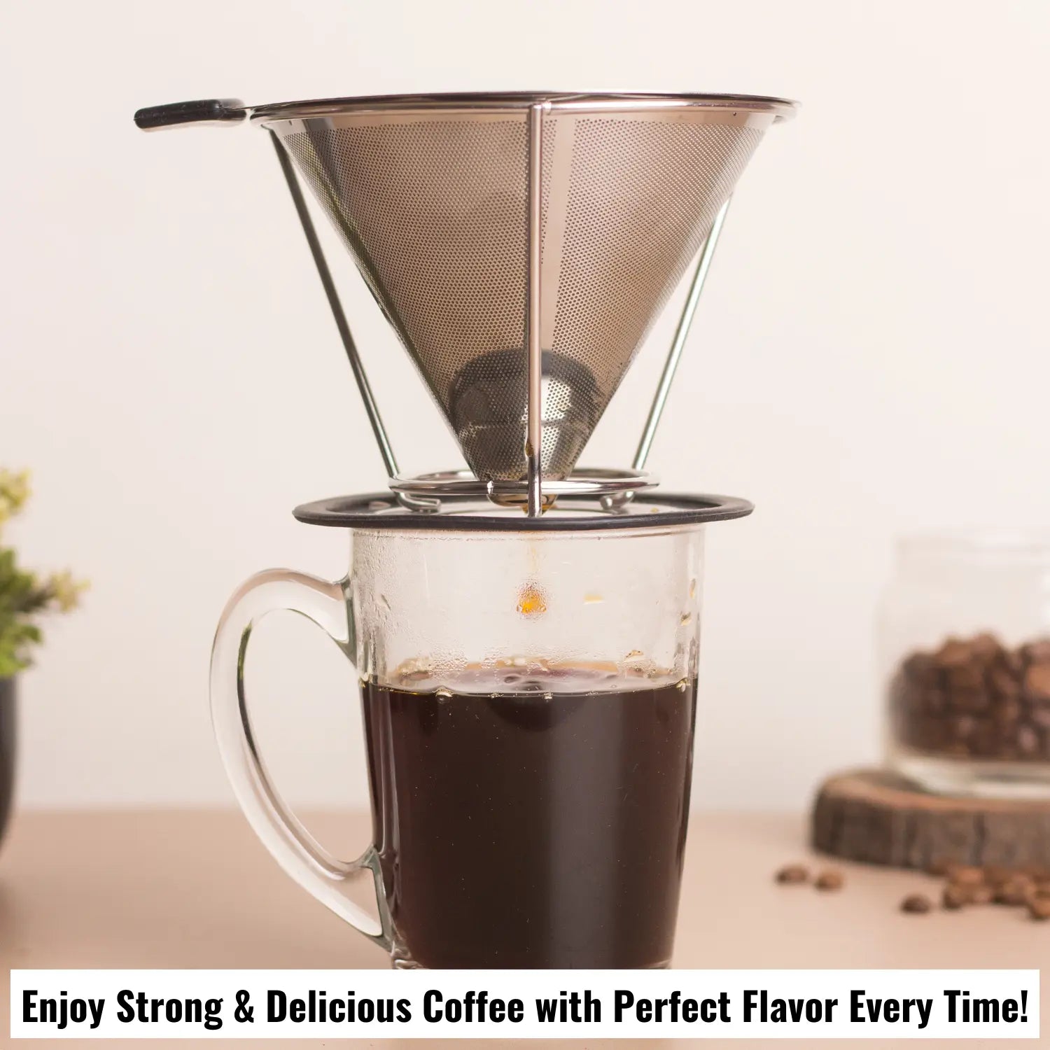 InstaCuppa Pour Over Coffee Dripper Stainless Steel Slow Drip Coffee Filter  Metal Cone Paperless Reusable Single Coffee Maker 1-2 Cup Drip Brew Coffee 