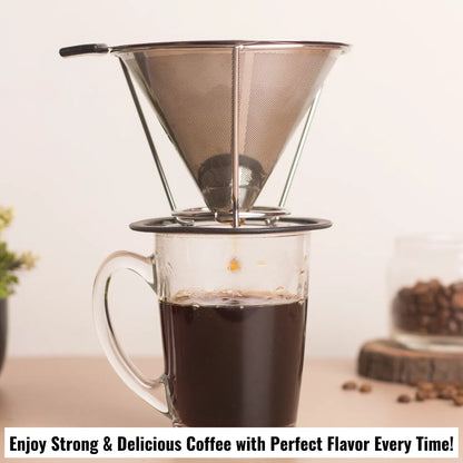 InstaCuppa Pour Over Coffee Dripper Stainless Steel Slow Drip Coffee Filter Metal Cone Paperless Reusable Single Coffee Maker 1-2 Cup Drip Brew Coffee with Double Mesh Liner 