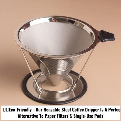 InstaCuppa Pour Over Coffee Dripper Stainless Steel Slow Drip Coffee Filter Metal Cone Paperless Reusable Single Coffee Maker 1-2 Cup Drip Brew Coffee with Double Mesh Liner 