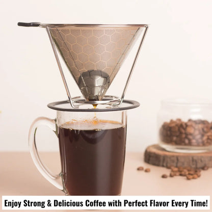 InstaCuppa Pour Over Coffee Dripper, Stainless Steel Coffee Filter Removable Dripper with Stand, Reusable Cone Dripper, 100% Paperless & Eco-Friendly, Works with Carafe 