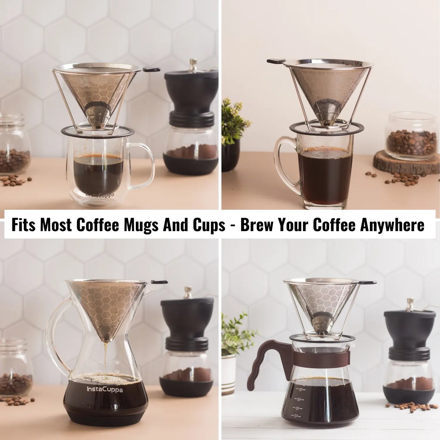 InstaCuppa Pour Over Coffee Dripper, Stainless Steel Coffee Filter Removable Dripper with Stand, Reusable Cone Dripper, 100% Paperless & Eco-Friendly, Works with Carafe 
