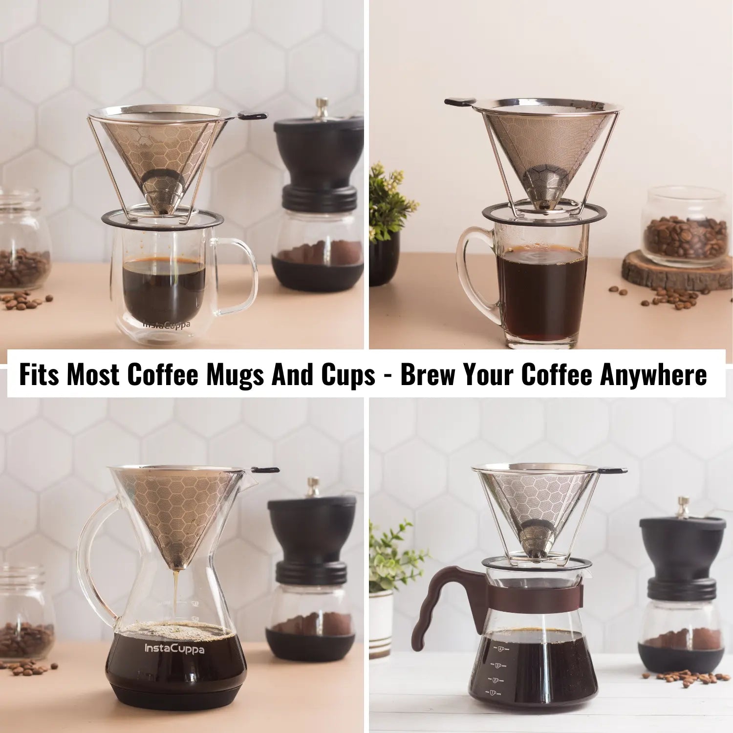 InstaCuppa Pour Over Coffee Dripper, Stainless Steel Coffee Filter Removable Dripper with Stand, Reusable Cone Dripper, 100% Paperless & Eco-Friendly, Works with Carafe 