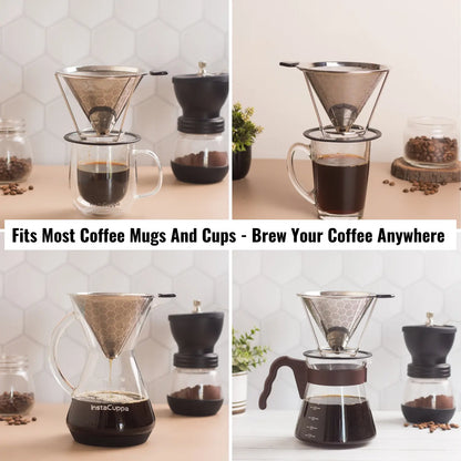 InstaCuppa Pour Over Coffee Dripper, Stainless Steel Coffee Filter Removable Dripper with Stand, Reusable Cone Dripper, 100% Paperless & Eco-Friendly, Works with Carafe 