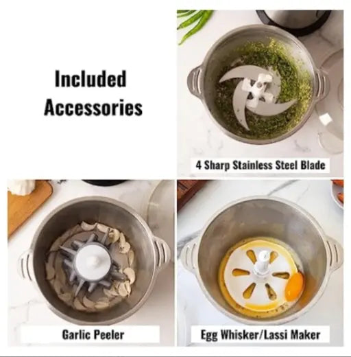 InstaCuppa Premium Electric Chopper with 3 Unique Attachments - Garlic Peeler, Stainless Steel Chopping Blades, Egg Beater - 3 Adjustable Speed Settings, Easy To Grip Handle, Unbreakable Bowl, 2000 ML 