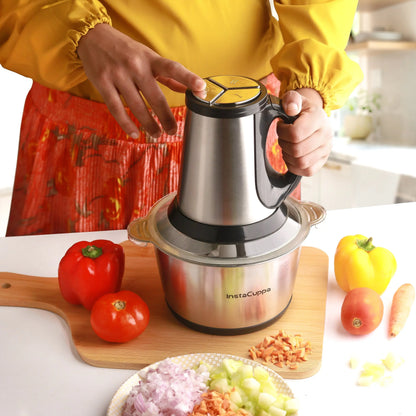 InstaCuppa Premium Electric Chopper with 3 Unique Attachments - Garlic Peeler, Stainless Steel Chopping Blades, Egg Beater - 3 Adjustable Speed Settings, Easy To Grip Handle, Unbreakable Bowl, 2000 ML  Chopper