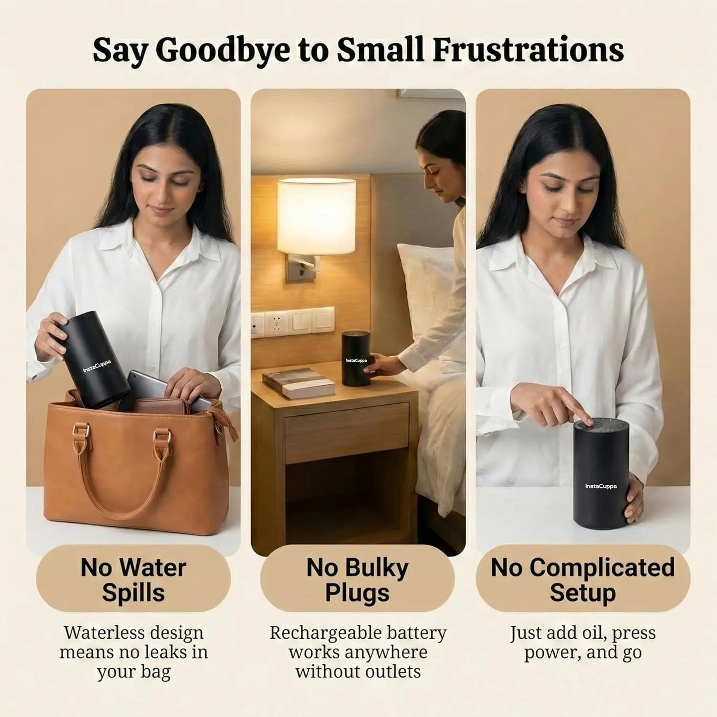InstaCuppa rechargeable diffuser showing 1-2-3 hour timer settings