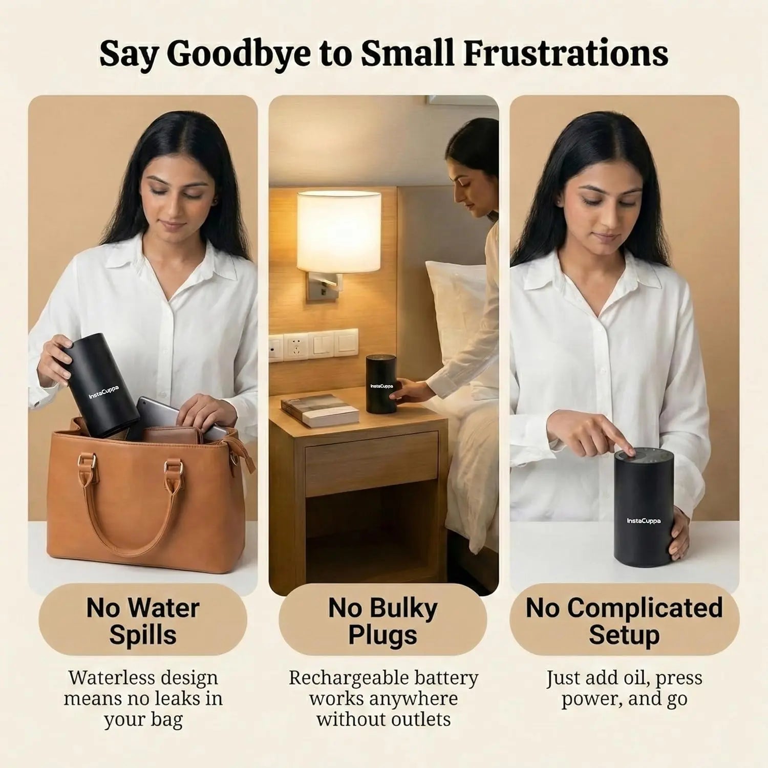 InstaCuppa rechargeable diffuser showing 1-2-3 hour timer settings