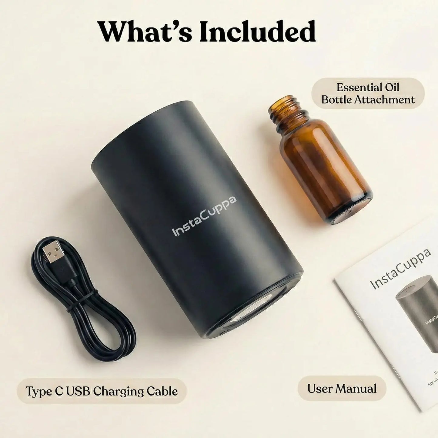 InstaCuppa aroma oil diffuser complete package contents USB cable and manual