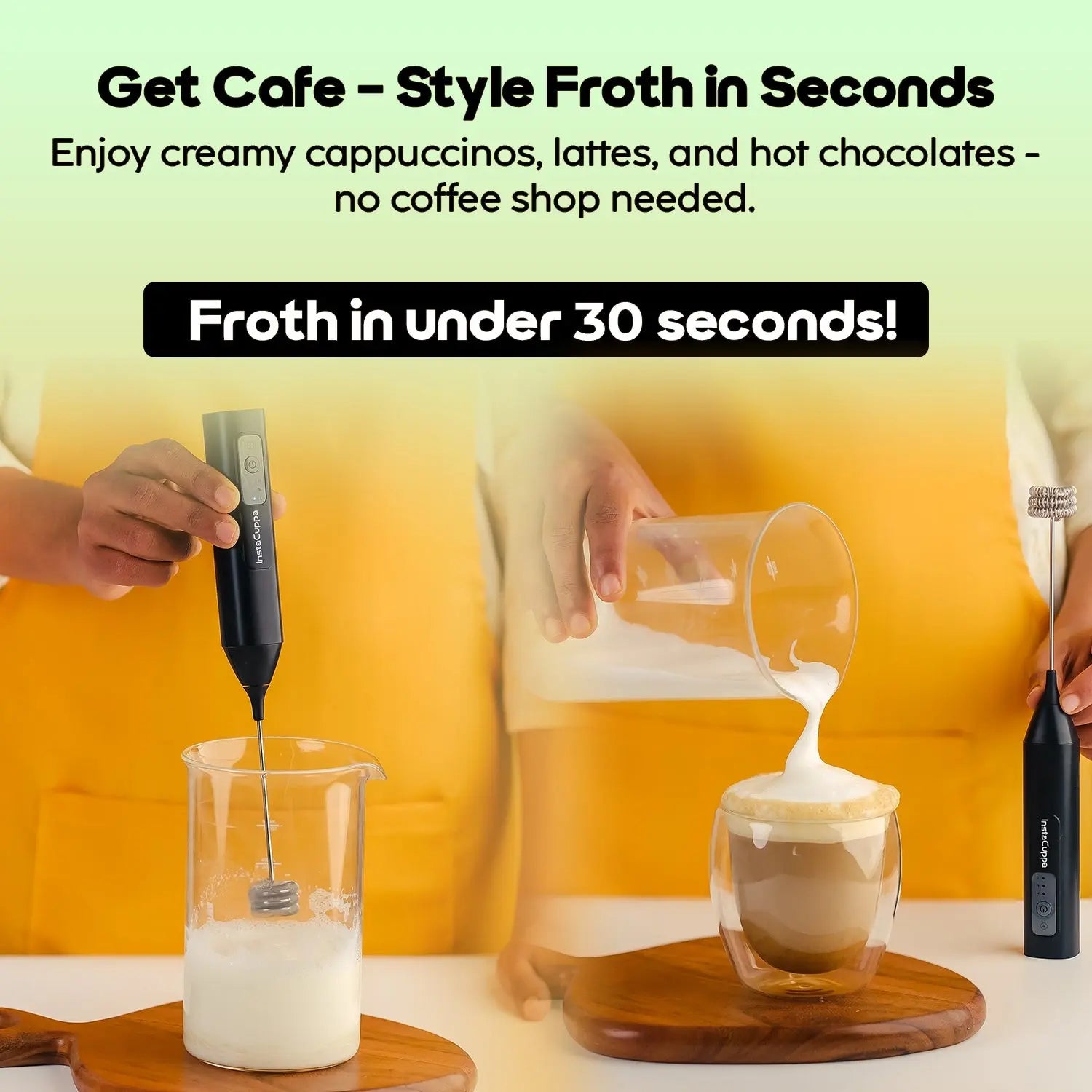 InstaCuppa rechargeable coffee frother 4 whisks - classic froth, thick foam, egg beater, powder mixer