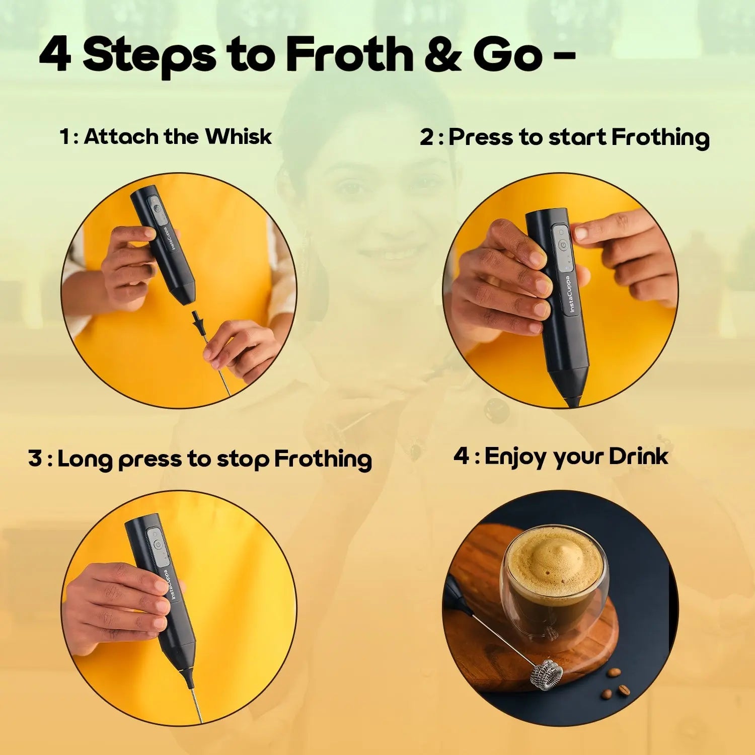 InstaCuppa rechargeable coffee frother 4 easy steps - attach whisk, press, froth, enjoy