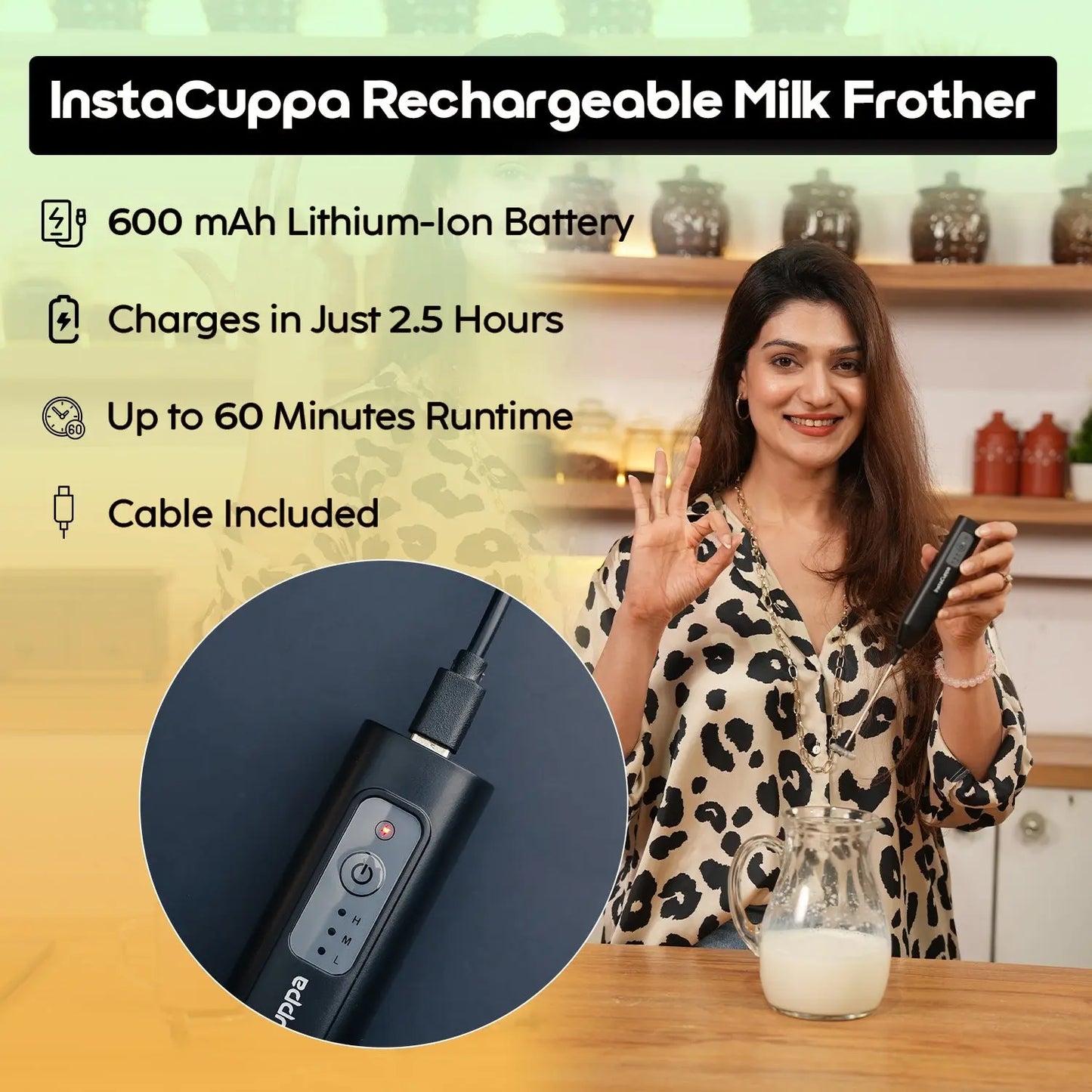 InstaCuppa rechargeable coffee frother for busy moms - school mornings to quick breaks
