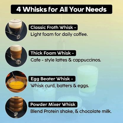 InstaCuppa rechargeable coffee frother 4 whisks - classic froth, thick foam, egg beater, mixer