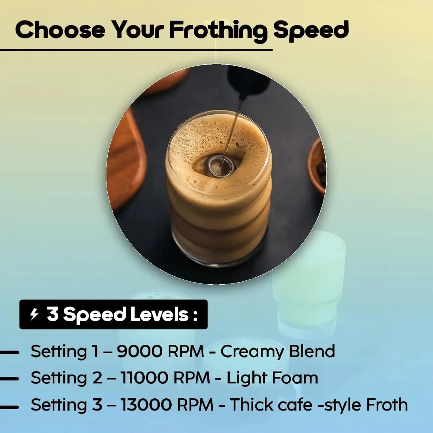 InstaCuppa rechargeable coffee frother 3 speed settings - 9000 to 13000 RPM for varied textures