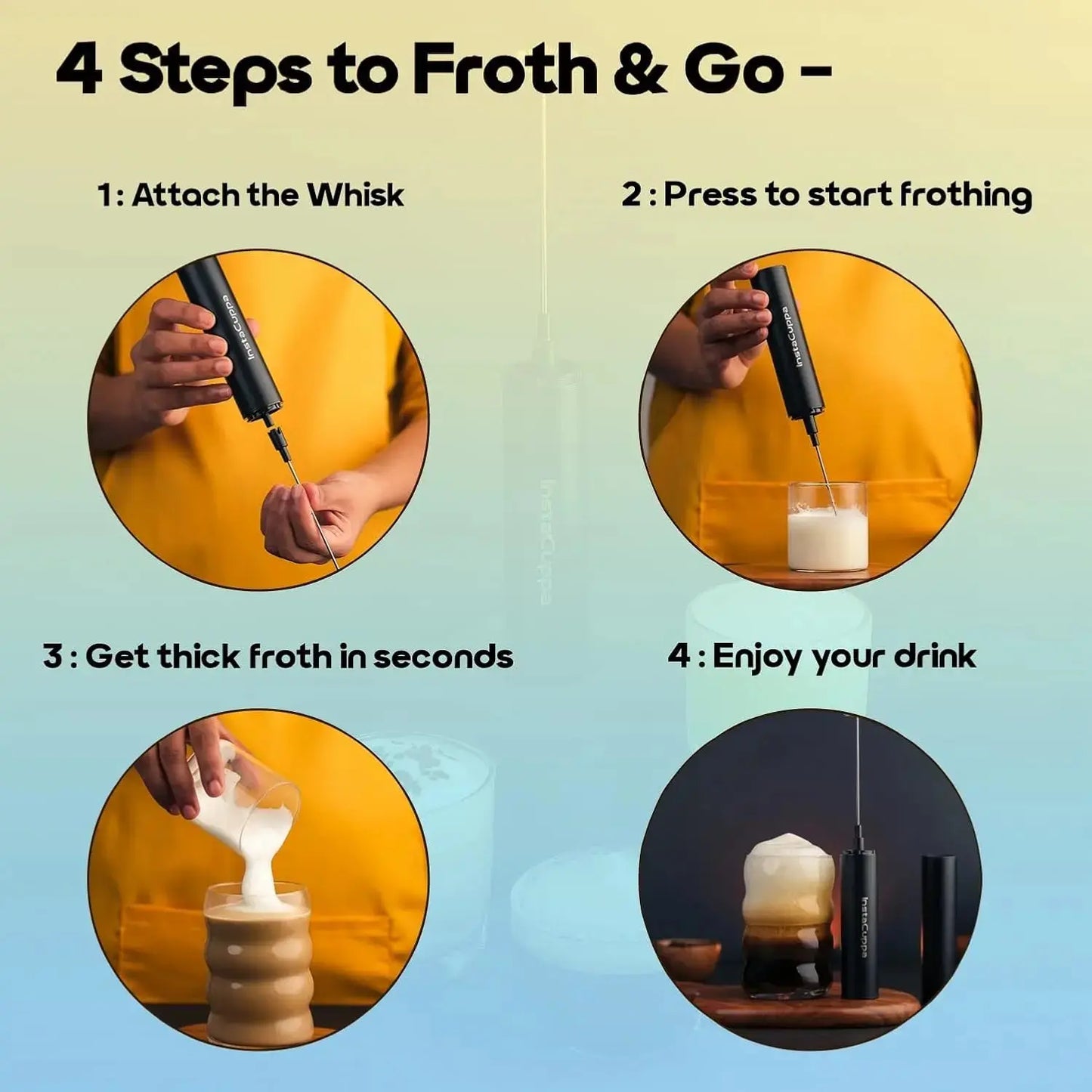 InstaCuppa rechargeable coffee frother 4 steps - attach, press, stop, enjoy your drink