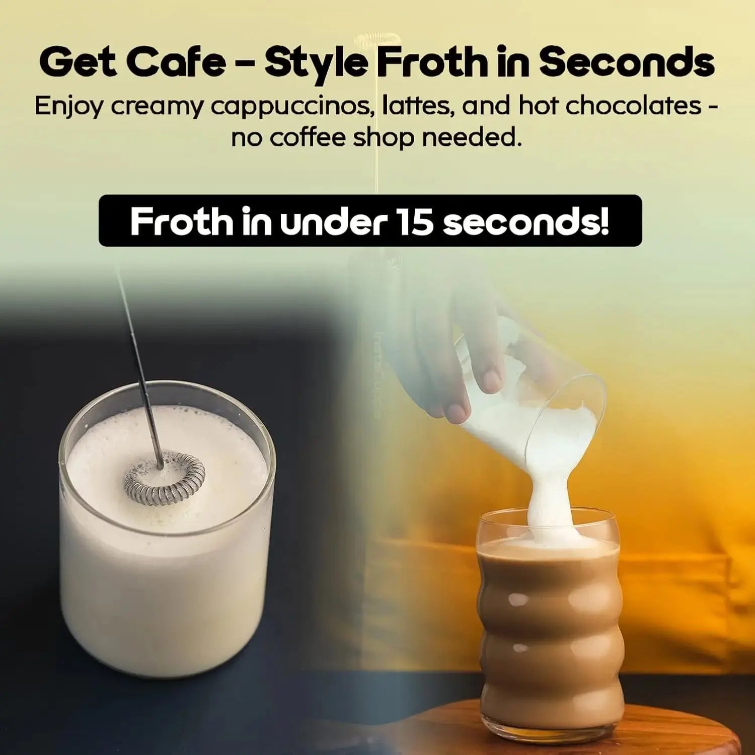 InstaCuppa rechargeable coffee frother frothing and pouring milk - cafe-style in 15 seconds