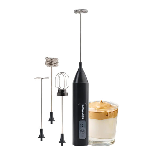 InstaCuppa rechargeable coffee frother with 4 whisks and dalgona coffee on white background