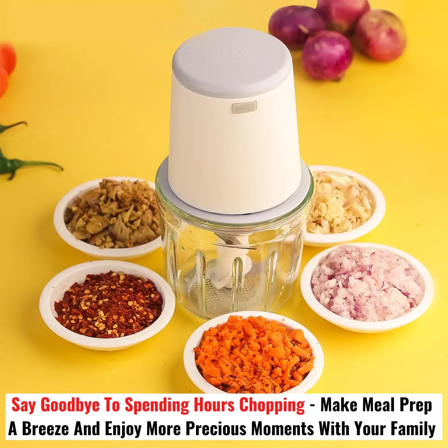 InstaCuppa Rechargeable Mini Electric Chopper, Chops In Less Than 10secs, Simple One Touch Operation, Long Battery Life, Easy To Carry Around 