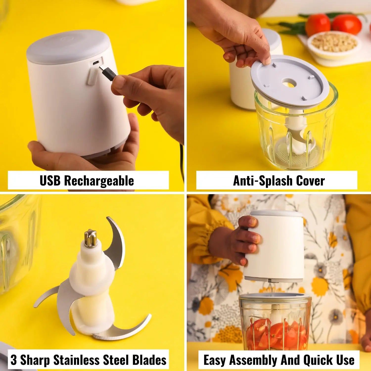 InstaCuppa Rechargeable Mini Electric Chopper, Chops In Less Than 10secs, Simple One Touch Operation, Long Battery Life, Easy To Carry Around 