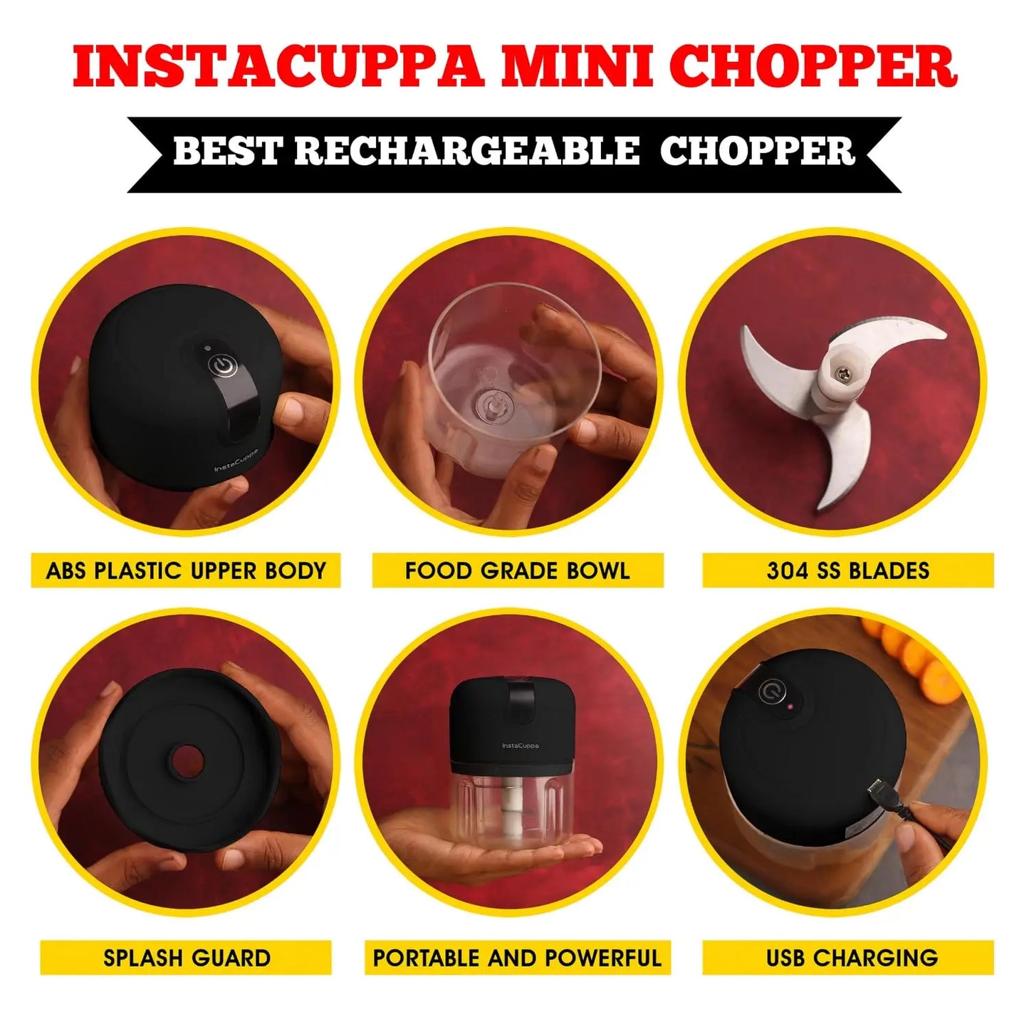 InstaCuppa Rechargeable Mini Electric Chopper, Chops In Less Than 10secs, Simple One Touch Operation, Long Battery Life, Easy To Carry Around 