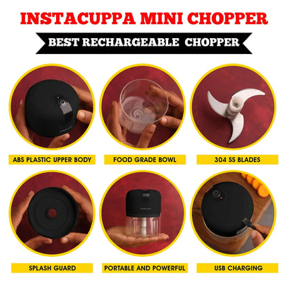 InstaCuppa Rechargeable Mini Electric Chopper, Chops In Less Than 10secs, Simple One Touch Operation, Long Battery Life, Easy To Carry Around 