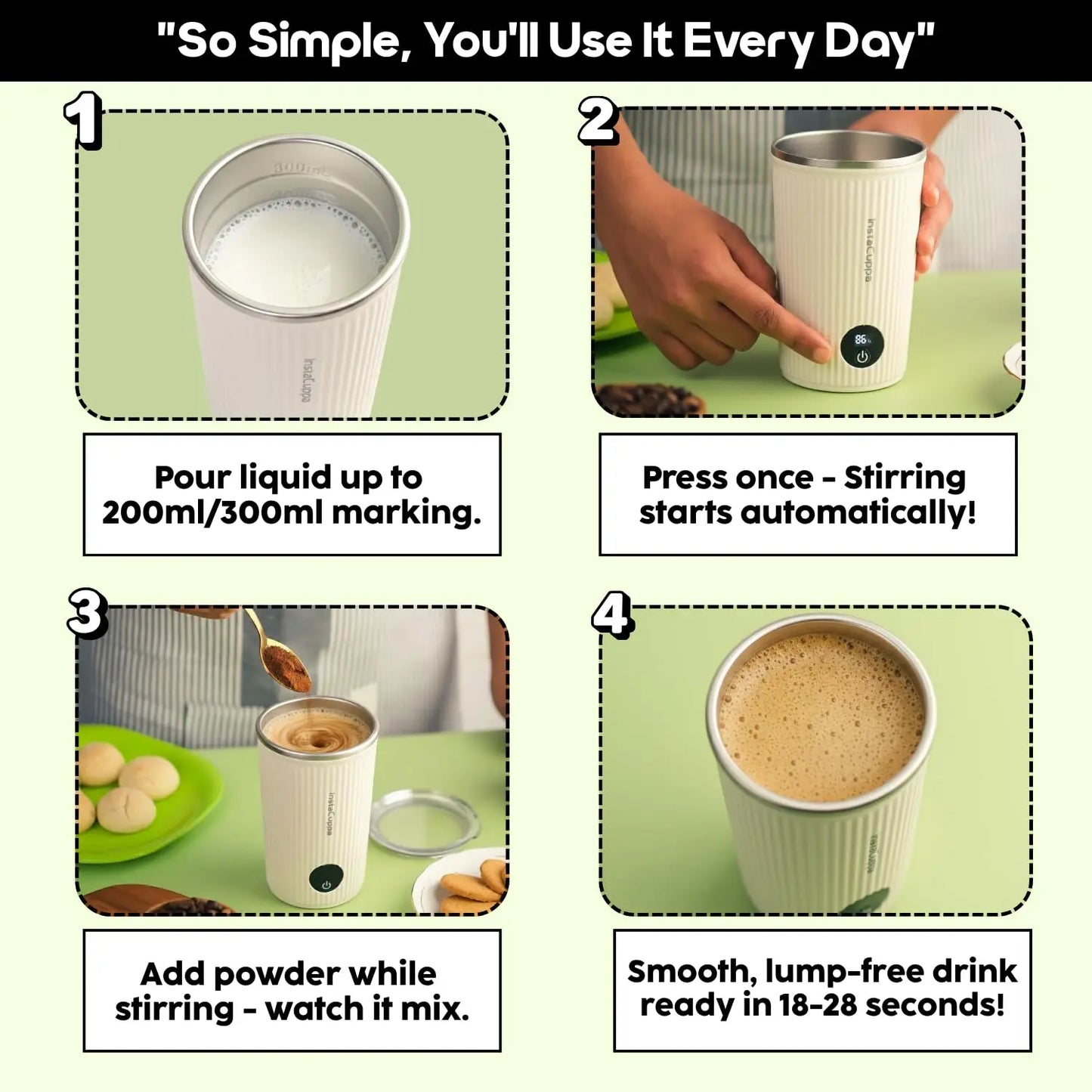 InstaCuppa Rechargeable Self Stirring Mug 4 step how to use guide pour press add powder smooth drink ready