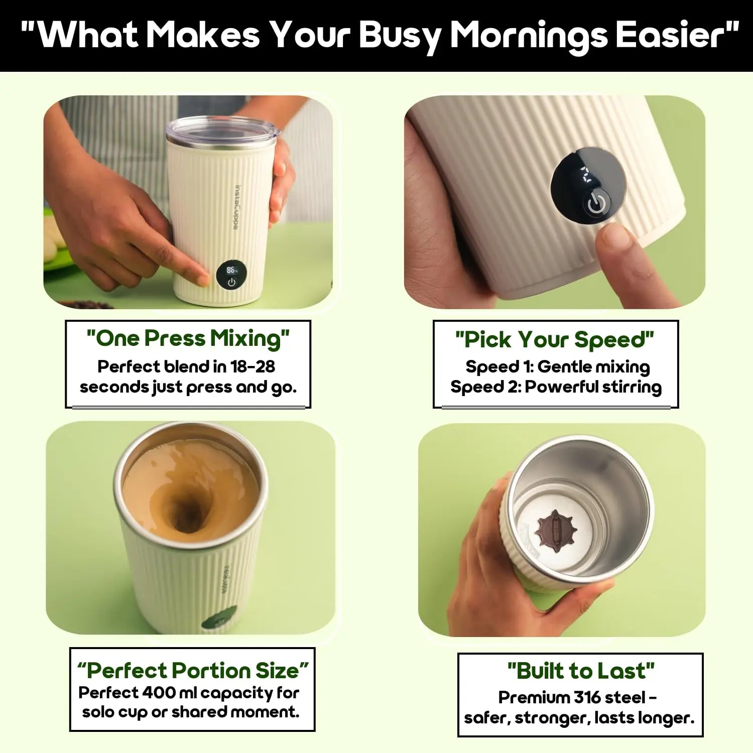 InstaCuppa Rechargeable Self Stirring Mug features one press mixing 2 speed control 400ml capacity 316 steel interior
