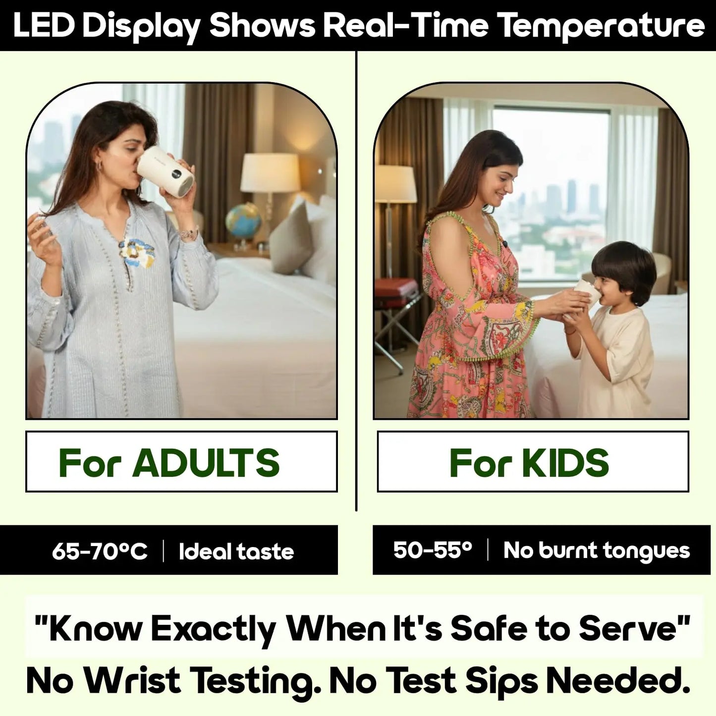 InstaCuppa Rechargeable Self Stirring Mug LED temperature display showing safe serving temp for adults and kids