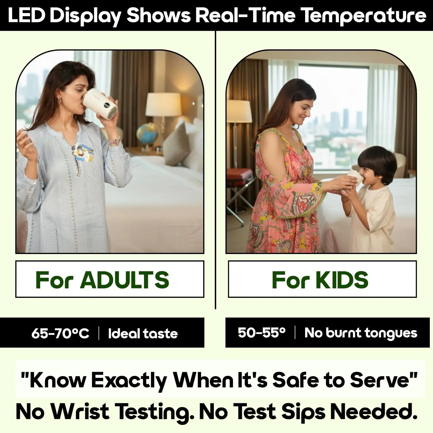 InstaCuppa Rechargeable Self Stirring Mug LED temperature display showing safe serving temp for adults and kids