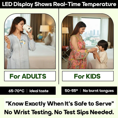InstaCuppa Rechargeable Self Stirring Mug LED temperature display showing safe serving temp for adults and kids