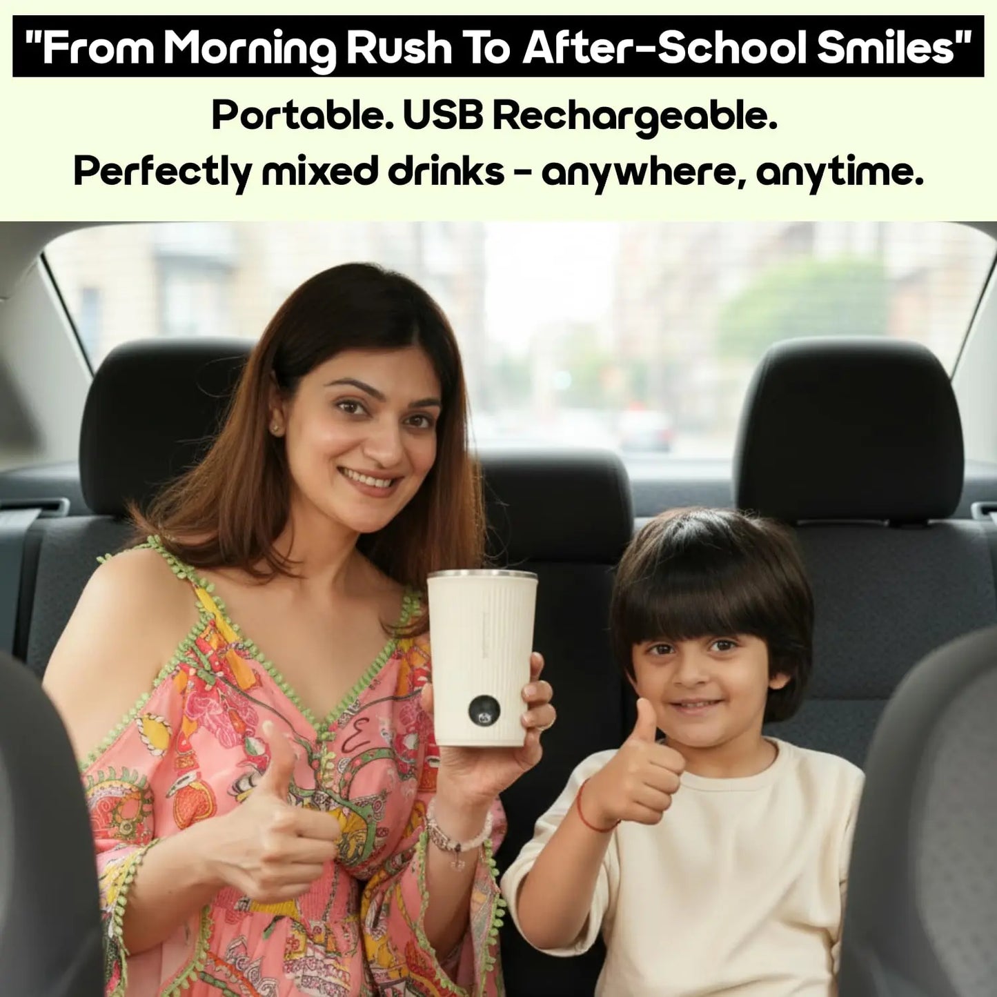 InstaCuppa Rechargeable Self Stirring Mug portable design used by Indian mom and child during car travel