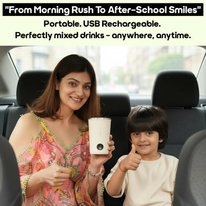 InstaCuppa Rechargeable Self Stirring Mug portable design used by Indian mom and child during car travel