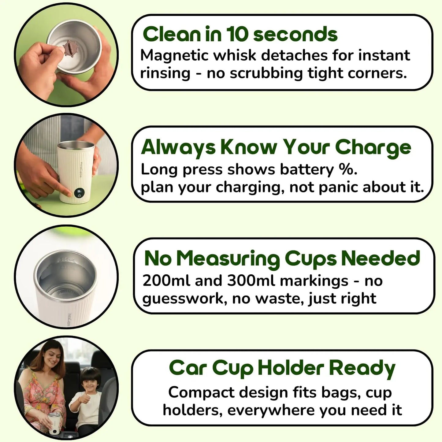 InstaCuppa Rechargeable Self Stirring Mug features magnetic whisk cleaning battery indicator 200ml 300ml markings car cup holder ready