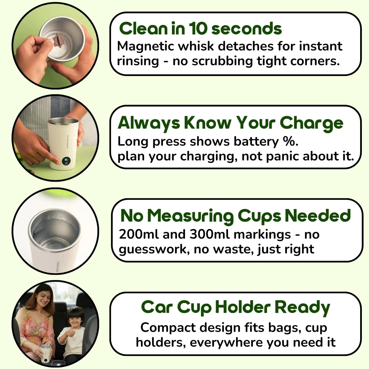 InstaCuppa Rechargeable Self Stirring Mug features magnetic whisk cleaning battery indicator 200ml 300ml markings car cup holder ready