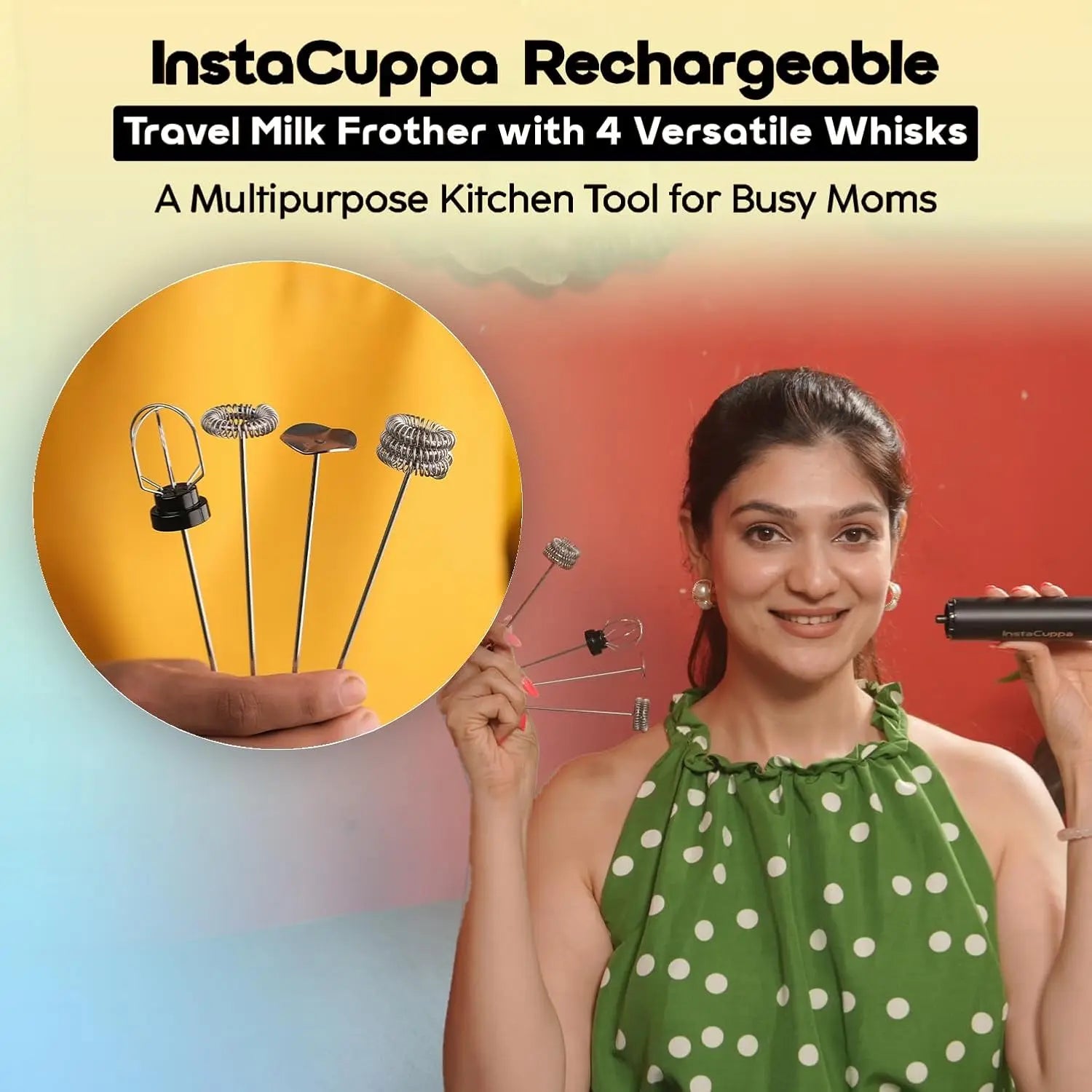 InstaCuppa Rechargeable Travel Milk Frother with 3 Speed Settings, 4 Stainless Steel Whisks (Classic Froth, Thick Foam, Egg Beater, Protein Mixer) Coffee Beater for Lattes & Cappuccino 